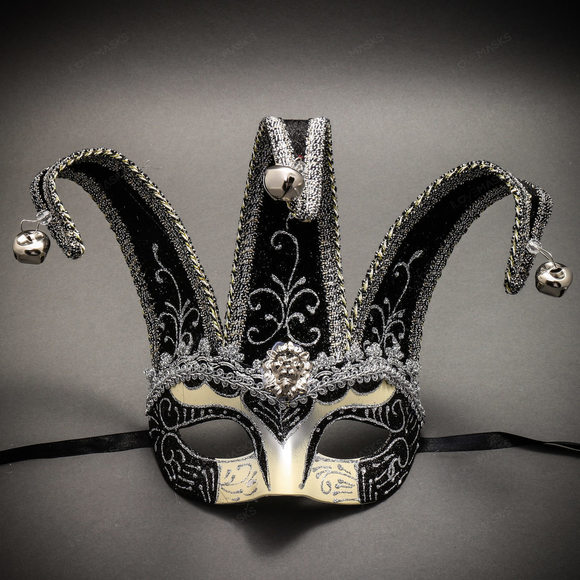 Jester Joker Venetian Half Face Mask with Bells - Silver Black - Picture 1 of 3